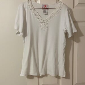Quacker Factory White Short Sleeve Top with Lace Trim